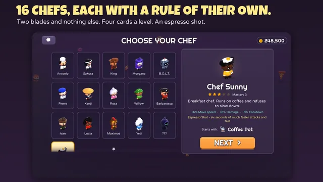 Chef select screen with Chef Sunny highlighted
