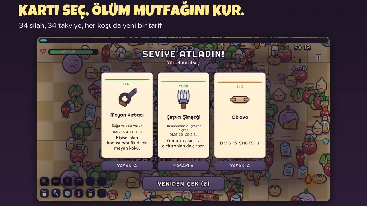 Chef Survivor seviye atlama ekranı: üç yükseltme kartı, yasakla ve yeniden çek düğmeleri