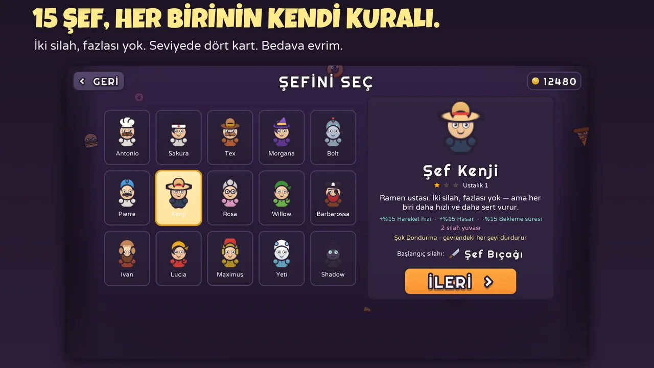 Chef Survivor şef seçme ekranı: 15 şefin tamamı, Kenji ve kuralı vurgulanmış — iki silah yuvası, %15 hareket hızı, hasar ve bekleme süresi
