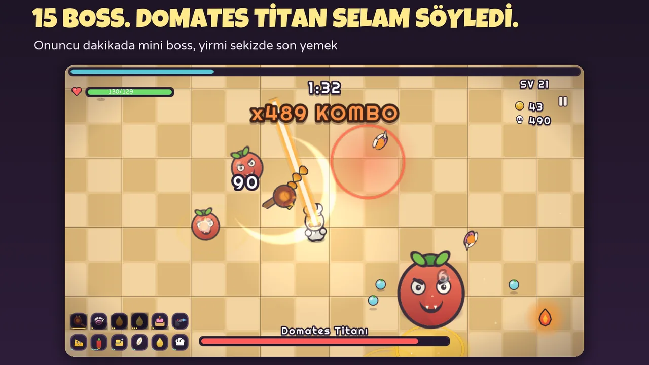 Chef Survivor'da Domates Titanı'na karşı boss savaşı, boss can barı ve kombo sayacı