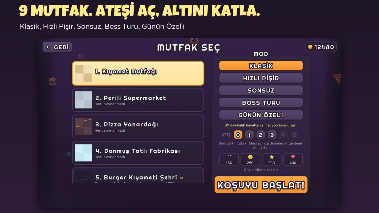 Chef Survivor mutfak seçme ekranı: dokuz mutfak, beş mod — Klasik, Hızlı Pişir, Sonsuz, Boss Turu, Günün Özel'i — ve 0–5 Ateş kadranı