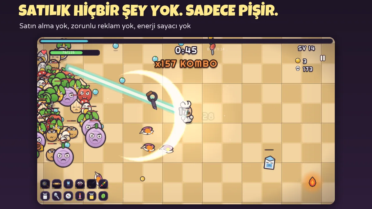 Chef Survivor oynanışı: yoğun bir yemek canavarı kalabalığına karşı büyük bir kombo, 'Satılık hiçbir şey yok' altyazısıyla