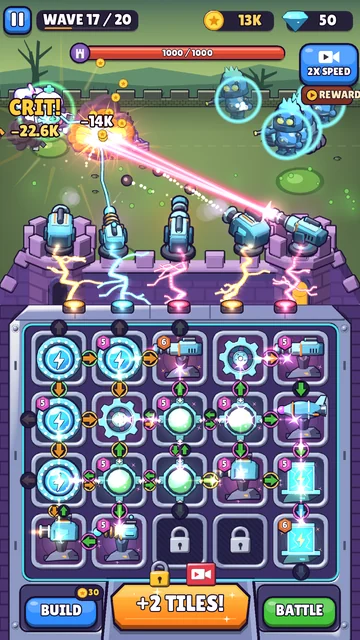 CogGrid: turrets on the castle wall firing lasers at robots, the power grid below