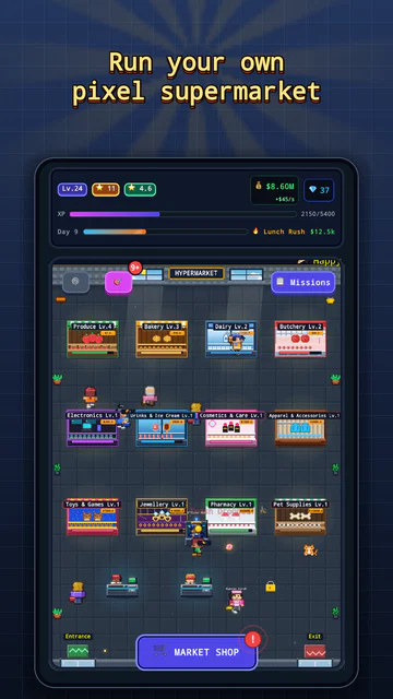 Market Simulator: a hypermarket with twelve aisles, shoppers and two registers