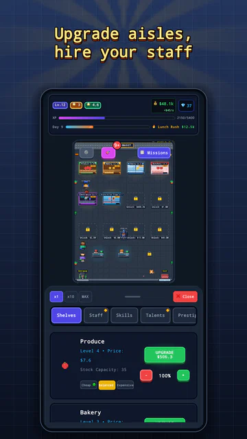 Market Simulator: the shop menu, upgrading the produce aisle